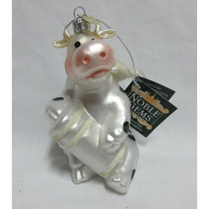 Kurt Adler Noble Gems Christmas GLASS Ornament ANGEL COW W/FURRY WINGS NEW/TAG